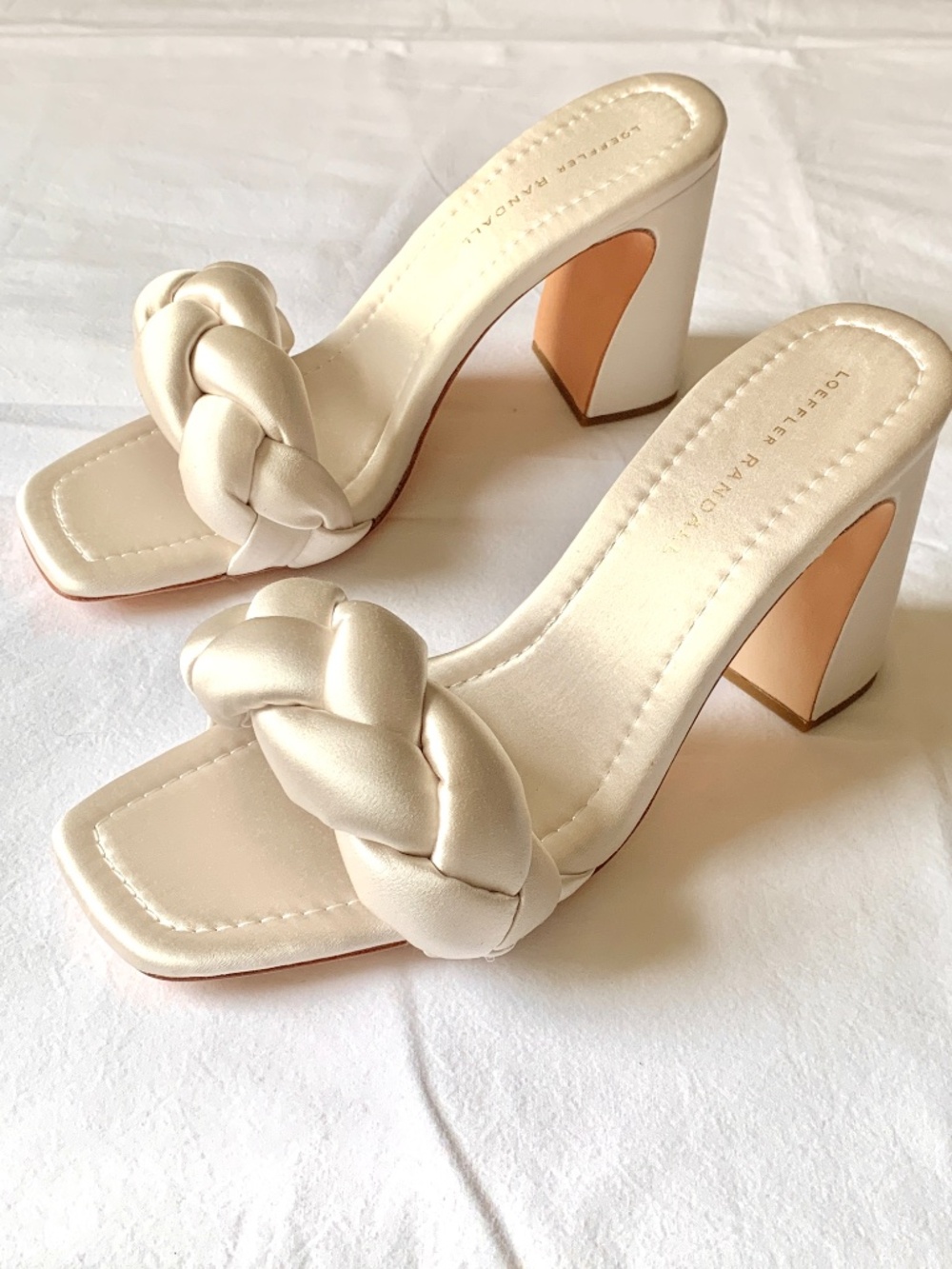 Loeffler Randall Freya Braided Curved Mules Cream Satin US9.5